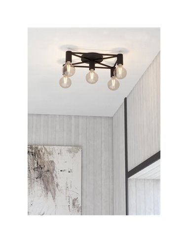 Lámpara de techo SPEKE con 5 portalámparas E27, alambre rectangular negro, 41,5 cm