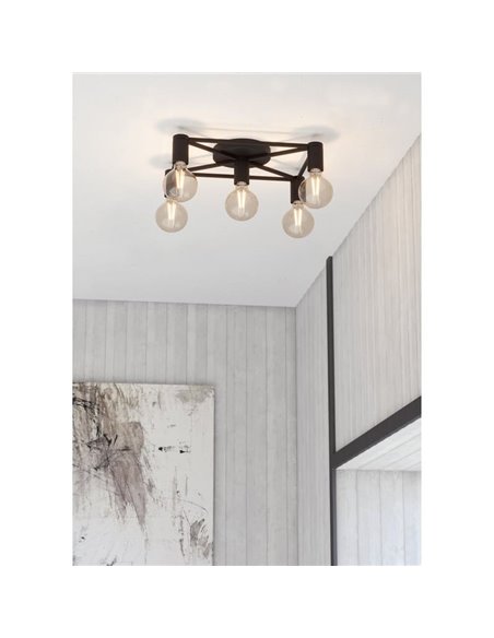 Lámpara de techo SPEKE con 5 portalámparas E27, alambre rectangular negro, 41,5 cm