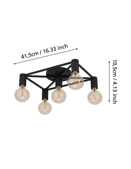 Lámpara de techo SPEKE con 5 portalámparas E27, alambre rectangular negro, 41,5 cm