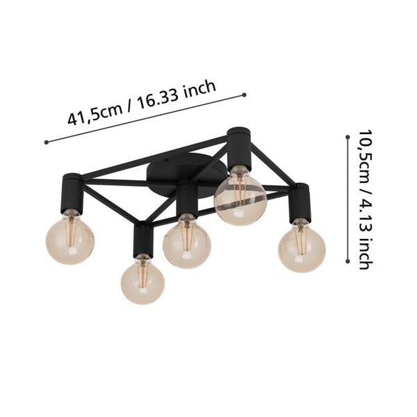 Lámpara de techo SPEKE con 5 portalámparas E27, alambre rectangular negro, 41,5 cm