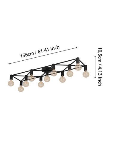 Lámpara de techo SPEKE con 11 portalámparas E27, alambre negro, 156 cm