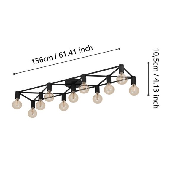 Lámpara de techo SPEKE con 11 portalámparas E27, alambre negro, 156 cm