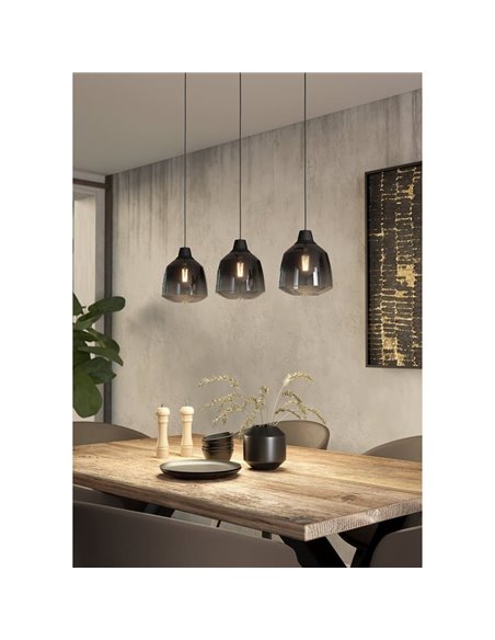 Suspension SEDBERGH avec 3 abat-jour en verre dégradé noir-gris-transparent 3xE27