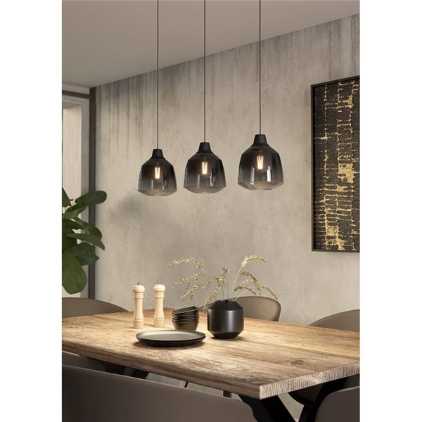 Suspension SEDBERGH avec 3 abat-jour en verre dégradé noir-gris-transparent 3xE27