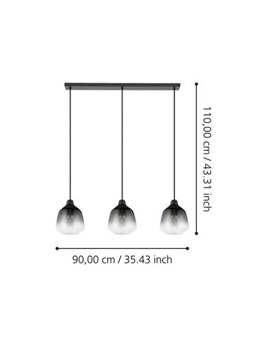 Suspension SEDBERGH avec 3 abat-jour en verre dégradé noir-gris-transparent 3xE27