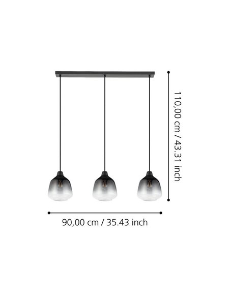 Suspension SEDBERGH avec 3 abat-jour en verre dégradé noir-gris-transparent 3xE27