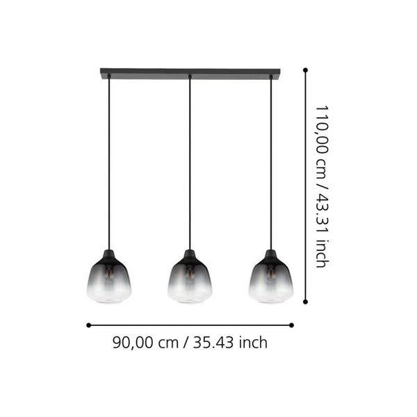 Suspension SEDBERGH avec 3 abat-jour en verre dégradé noir-gris-transparent 3xE27