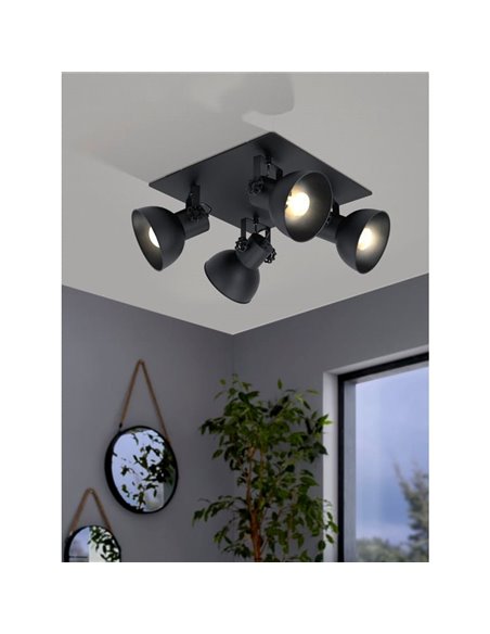 Candeeiro de teto quadrado com 4 cabeças móveis em estilo industrial BARNSTAPLE 1, preto E27