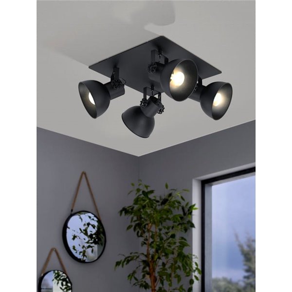 Candeeiro de teto quadrado com 4 cabeças móveis em estilo industrial BARNSTAPLE 1, preto E27