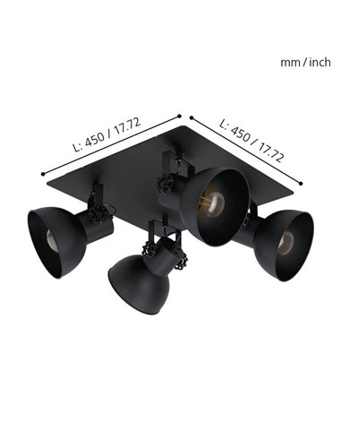 Candeeiro de teto quadrado com 4 cabeças móveis em estilo industrial BARNSTAPLE 1, preto E27