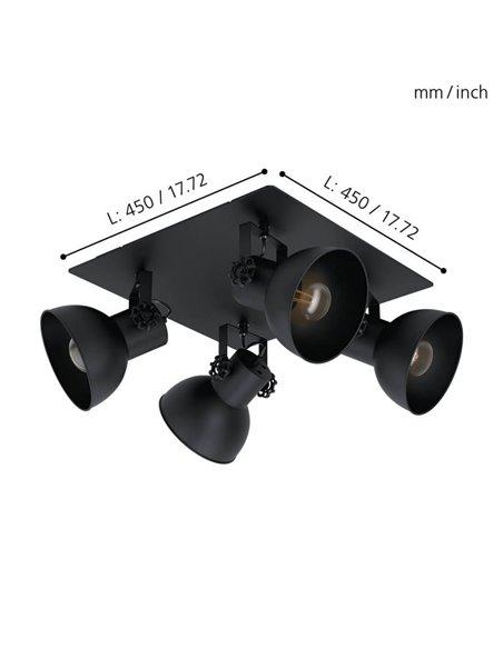 Candeeiro de teto quadrado com 4 cabeças móveis em estilo industrial BARNSTAPLE 1, preto E27