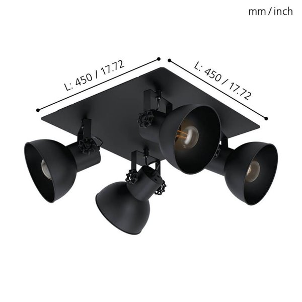 Candeeiro de teto quadrado com 4 cabeças móveis em estilo industrial BARNSTAPLE 1, preto E27