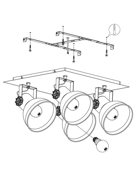 Candeeiro de teto quadrado com 4 cabeças móveis em estilo industrial BARNSTAPLE 1, preto E27
