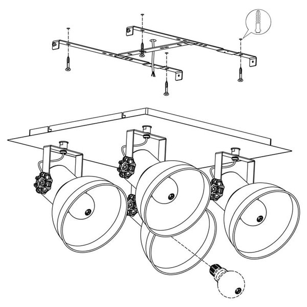 Candeeiro de teto quadrado com 4 cabeças móveis em estilo industrial BARNSTAPLE 1, preto E27