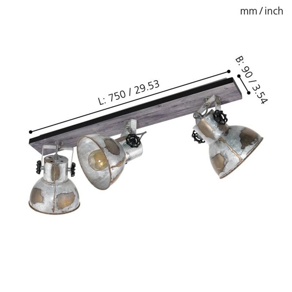 Regleta de focos orientables BARNSTAPLE de madera y zinc 3xE27