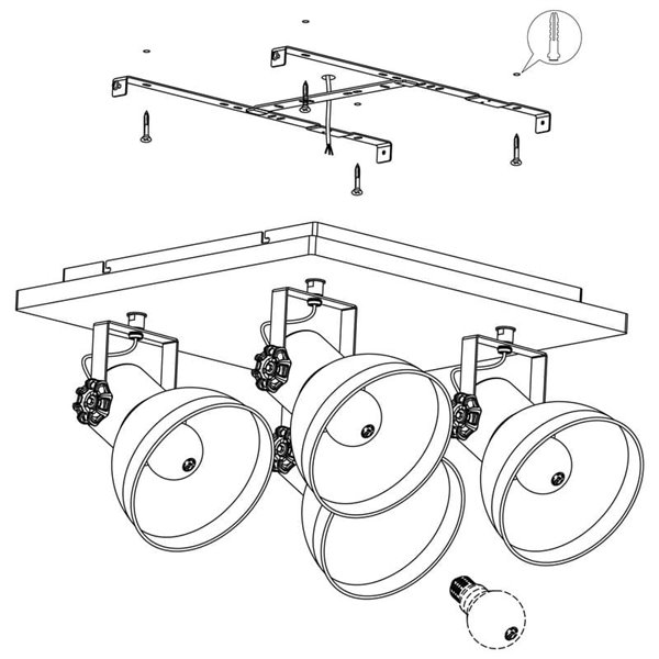 Plafón cuadrado de techo con 4 focos BARNSTAPLE de madera y zinc, E27