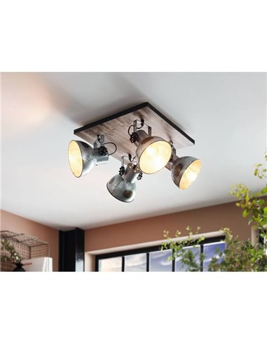 Plafonnier carré avec 4 spots BARNSTAPLE bois et zinc, E27