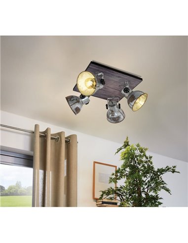 Plafón cuadrado de techo con 4 focos BARNSTAPLE de madera y zinc, E27