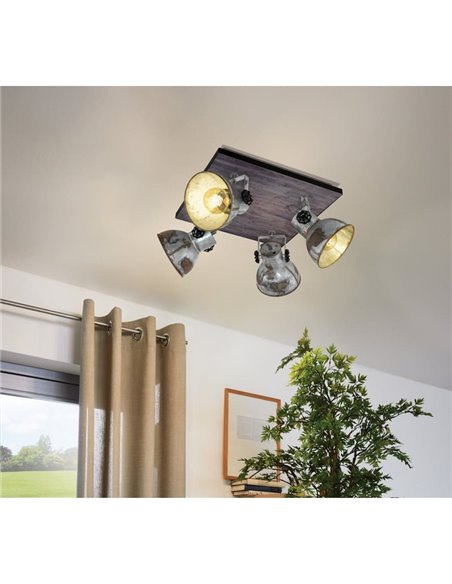 Plafón cuadrado de techo con 4 focos BARNSTAPLE de madera y zinc, E27
