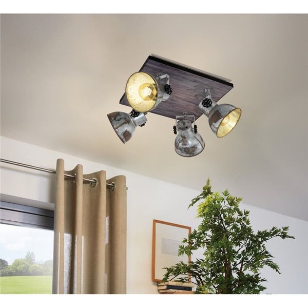 Plafón cuadrado de techo con 4 focos BARNSTAPLE de madera y zinc, E27