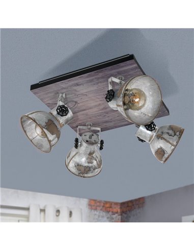 Plafon quadrado com 4 focos BARNSTAPLE de madeira e zinco, E27