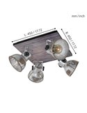 Plafon quadrado com 4 focos BARNSTAPLE de madeira e zinco, E27