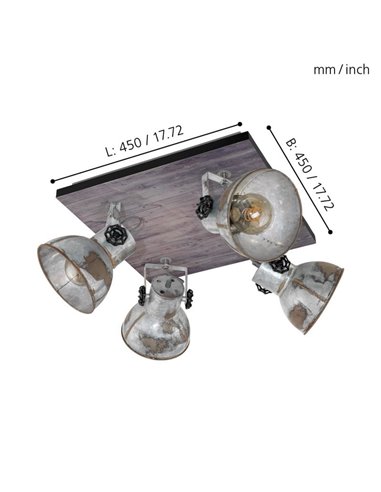 Plafón cuadrado de techo con 4 focos BARNSTAPLE de madera y zinc, E27