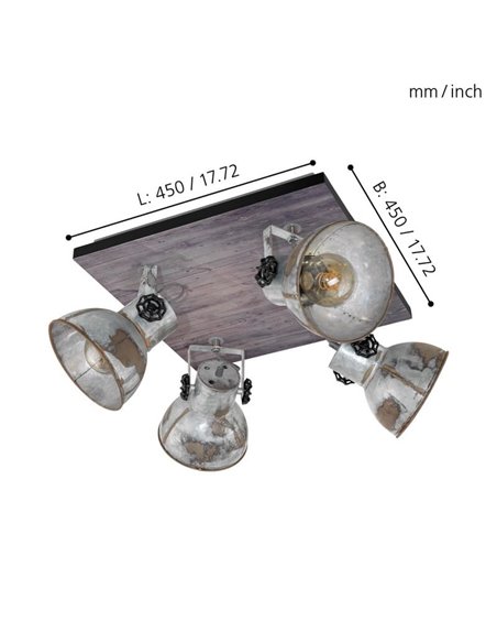 Plafon quadrado com 4 focos BARNSTAPLE de madeira e zinco, E27