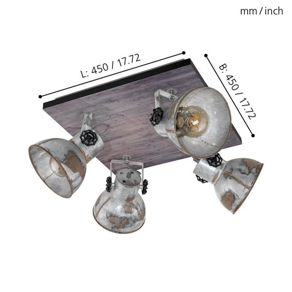 Plafón cuadrado de techo con 4 focos BARNSTAPLE de madera y zinc, E27