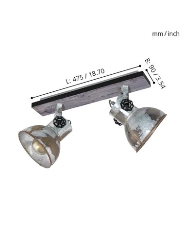 Regleta de 2 Focos móviles BARNSTAPLE de madera y Zinc galvanizado, 2xE27