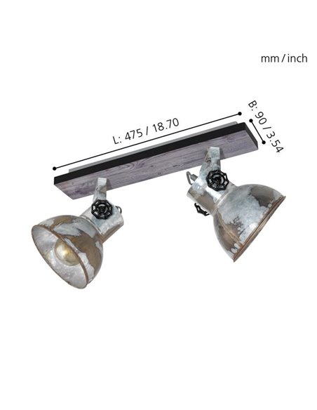 Regleta de 2 Focos móviles BARNSTAPLE de madera y Zinc galvanizado, 2xE27
