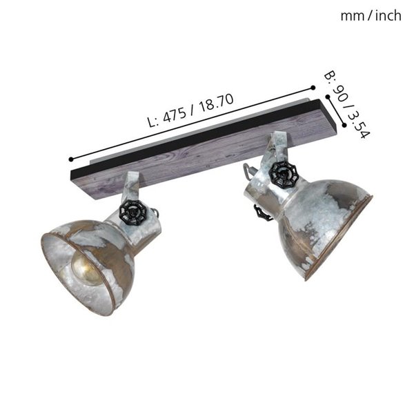 Regleta de 2 Focos móviles BARNSTAPLE de madera y Zinc galvanizado, 2xE27