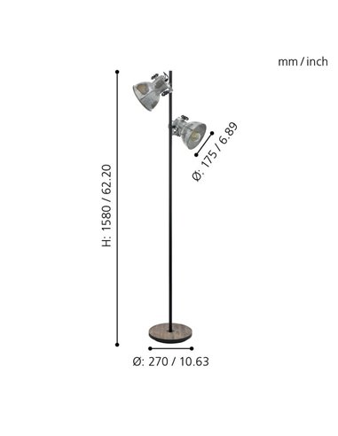 BARNSTAPLE Lampadaire avec 2 Spots Mobiles, Bois et Zinc Galvanisé, E27