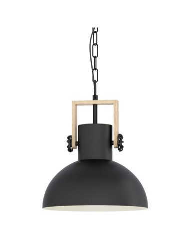 Lampe à suspension industrielle LUBENHAM, avec chaîne et ampoule en acier noir et bois, E27