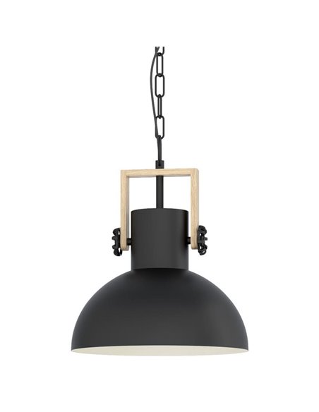 Lampe à suspension industrielle LUBENHAM, avec chaîne et ampoule en acier noir et bois, E27