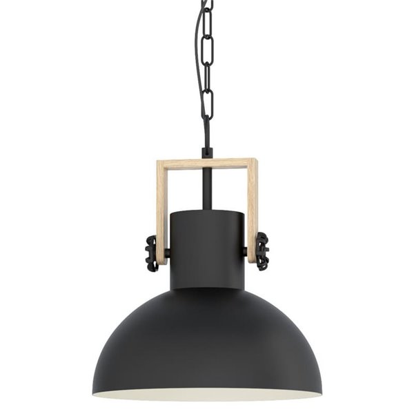Lámpara Colgante Industrial LUBENHAM, con cadena y foco de Madera y Acero Negro, E27