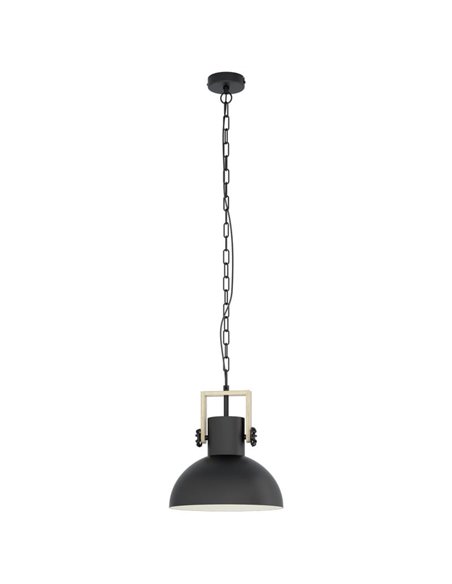Lámpara Colgante Industrial LUBENHAM, con cadena y foco de Madera y Acero Negro, E27