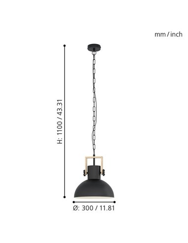 Lámpara Colgante Industrial LUBENHAM, con cadena y foco de Madera y Acero Negro, E27