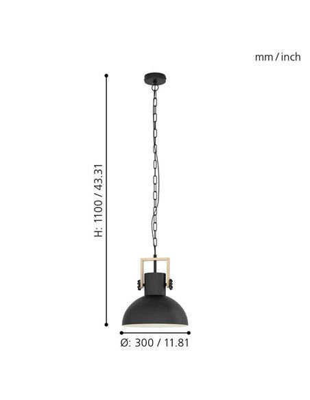 Lámpara Colgante Industrial LUBENHAM, con cadena y foco de Madera y Acero Negro, E27
