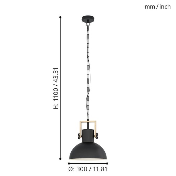 Lámpara Colgante Industrial LUBENHAM, con cadena y foco de Madera y Acero Negro, E27