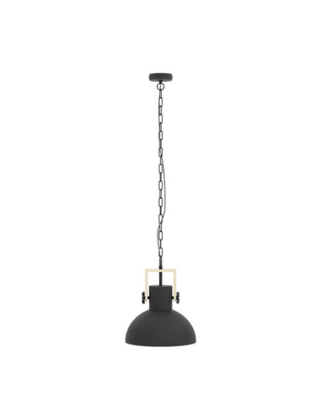 Lampe à suspension industrielle LUBENHAM, avec chaîne et ampoule en acier noir et bois, E27