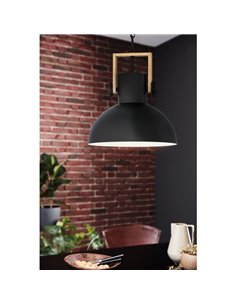 Lámpara Colgante Industrial LUBENHAM, con cadena y foco de Madera y Acero Negro, E27 2