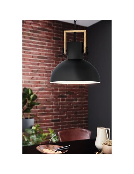 Lámpara Colgante Industrial LUBENHAM, con cadena y foco de Madera y Acero Negro, E27