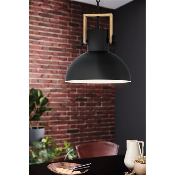 Lámpara Colgante Industrial LUBENHAM, con cadena y foco de Madera y Acero Negro, E27