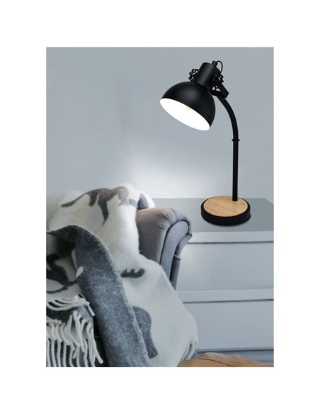 Lampe de table industrielle LUBENHAM, bois et métal noir, E27