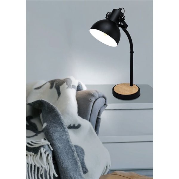 Lámpara de Sobremesa Industrial LUBENHAM, Madera y Metal Negro, E27