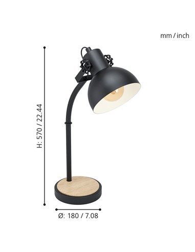 Lámpara de Sobremesa Industrial LUBENHAM, Madera y Metal Negro, E27
