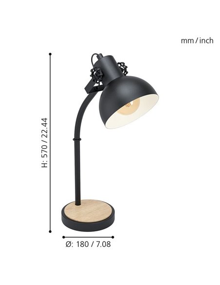 Lampe de table industrielle LUBENHAM, bois et métal noir, E27