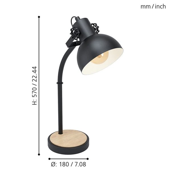 Lámpara de Sobremesa Industrial LUBENHAM, Madera y Metal Negro, E27
