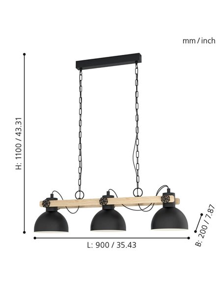 Lampe à suspension 3 lumières LUBENHAM par EGLO, bois et métal noir, 3xE27
